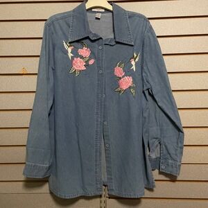 Carol Denim Shirt Embroidered Roses Hummingbirds Button Down Top XL